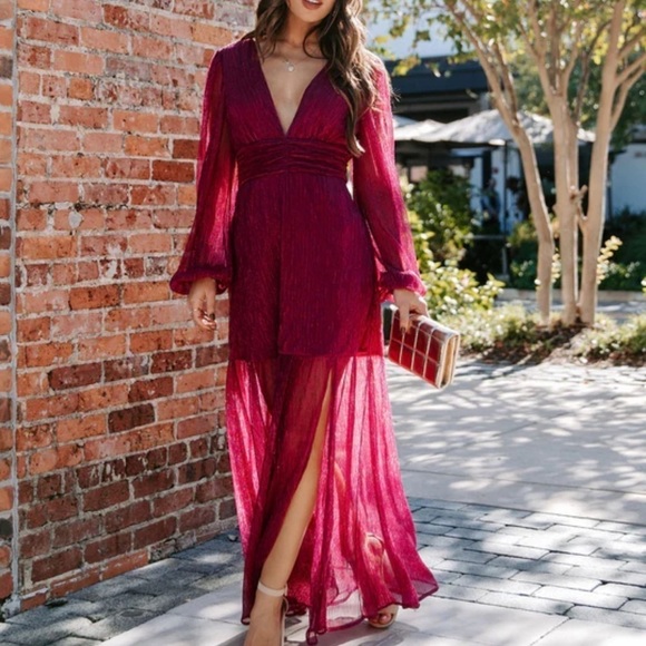 Vici Loretta Plisse Metallic Balloon Sleeve Maxi‎ Dress Small - Picture 1 of 10